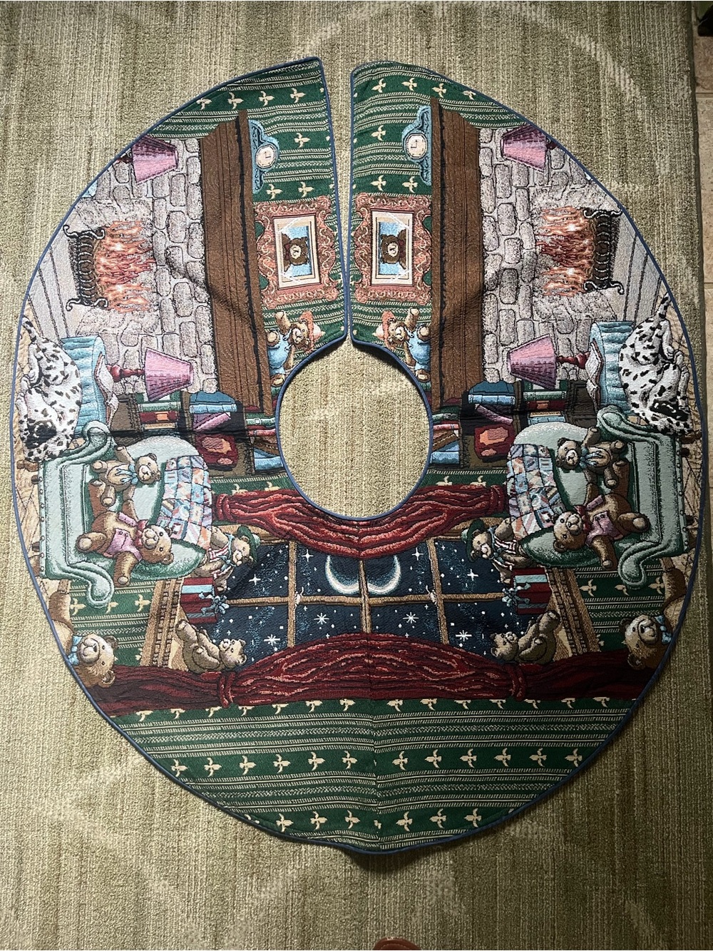 Tapestry Cozy Teddy Bear Holiday Tree Skirt in Green, Red and Blue